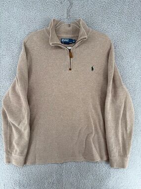Ralph Lauren Men’s Tan Zip-Neck Sweater with Embroidered Pony